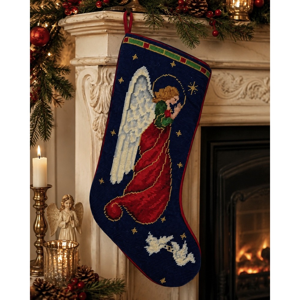 Vintage Wool Needlepoint Christmas Stocking Angel Holiday Petit Point Decor 20"‎